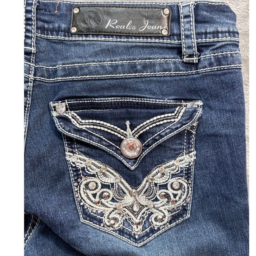 Realco Jeans Womens 28 Dark Wash Rhinestone Embellished Bootcut Denim Y2K Bling